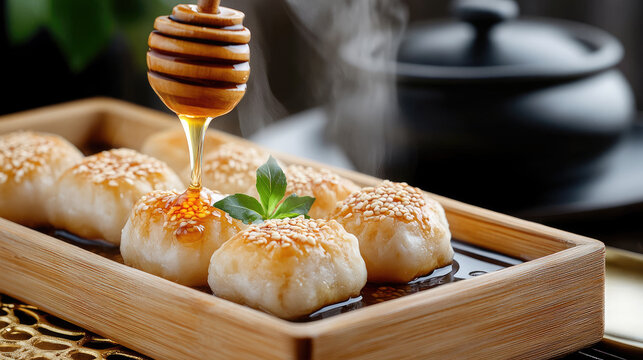 Steaming Moroccan msemen pastries, topped with sesame seeds and fresh herbs, receiving a glossy drizzle of warm honey from a wooden dipper, presented in a rustic wooden tray
