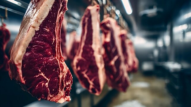 Fresh red beef cuts with visible fat and bone hanging from hooks in a cold storage room, close up detail showing commercial butchery quality and refrigerated supply