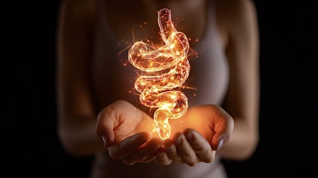 Woman's hands are cupping brightly glowing digital human intestines, representing vital concepts of gut health, digestion support, and the complexities of the microbiome for overall wellness