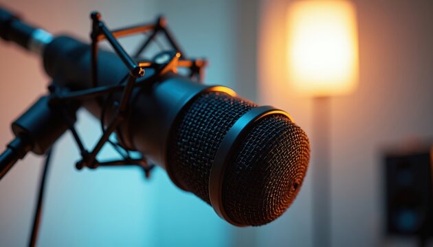 Professional studio microphone for audio recording. Captures voice for podcasts, music, and broadcast. Used for sound production and vocal performance. High quality sound capture.