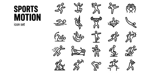 Fototapeta premium Sports Action Motion Bold Line Icons-Running Jumping Throwing Kicking Catching Swimming Climbing Lifting Diving Spinning Striking-25 Sports Motion Icon Set Vector