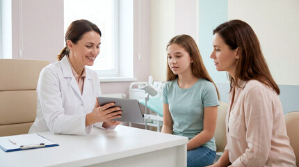 Fototapeta premium Doctor shows tablet to mother and daughter during medical consultation in clinic