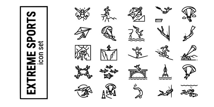 Extreme Action Sports Bold Line Icons-Skydiving BASE Jumping Wingsuit Bungee Paragliding Freediving Highlining Volcano Boarding Kite Buggy-25 Extreme Sports Icon Set Vector
