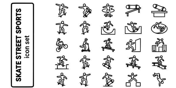 Skateboarding Street Sports Bold Line Icons-Kickflip Heelflip Nosegrind Bluntslide Manual Ollie BMX Scooter Parkour Freerunning-25 Skate Street Icon Set Vector