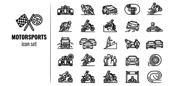 Motorsports Racing Bold Line Icons-Formula One MotoGP Rally NASCAR Drag Racing Superbike Motocross Speedway Karting Sidecar Enduro-25 Motorsports Icon Set Vector