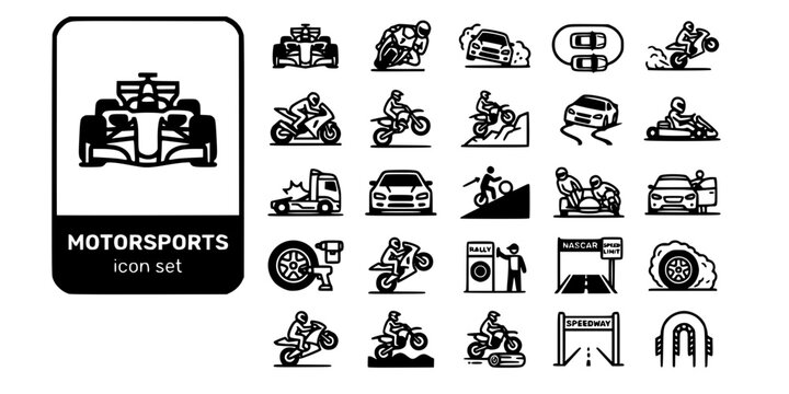 Motorsports Racing Bold Line Icons-Formula One MotoGP Rally NASCAR Drag Racing Superbike Motocross Speedway Karting Sidecar Enduro-25 Motorsports Icon Set Vector