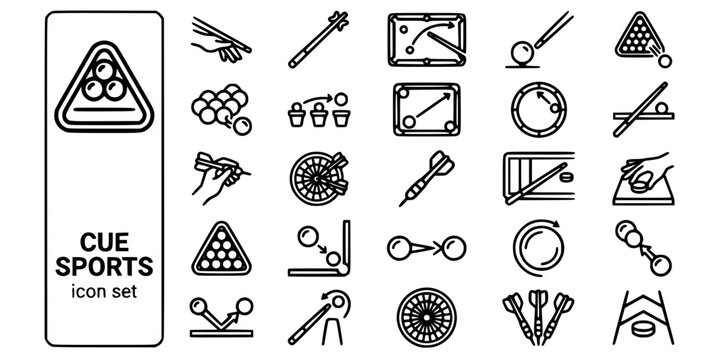 Billiards Cue Sports Bold Line Icons-Pool Snooker Carom Billiards Nine-Ball Eight-Ball Trick Shot Darts Masse Jump Shuffleboard-25 Cue Sports Icon Set Vector