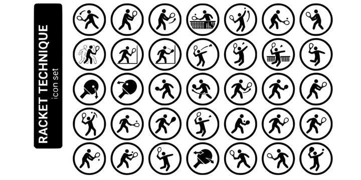 Racket Sport Technique Bold Line Icons-Tennis Forehand Backhand Squash Badminton Table Tennis Pendulum Serve Smash Volley Lob-25 Racket Technique Icon Set Vector