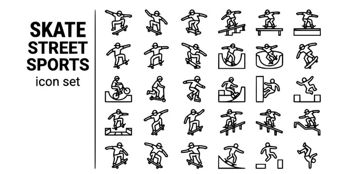 Skateboarding Street Sports Bold Line Icons-Kickflip Heelflip Nosegrind Bluntslide Manual Ollie BMX Scooter Parkour Freerunning-25 Skate Street Icon Set Vector