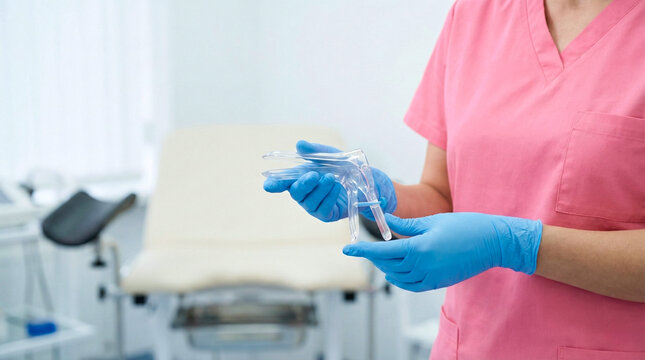 Healthcare professional in pink scrubs and blue gloves holds a speculum in a medical examination room