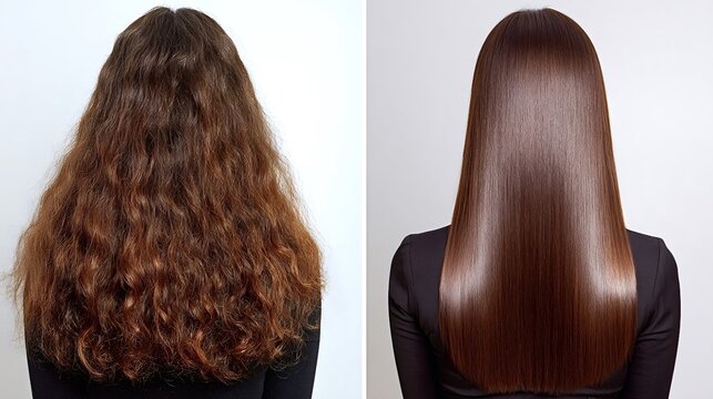 Woman's long brown hair transforming from dry, frizzy, and damaged to smooth, straight, and shiny after a professional hair smoothing and straightening treatment