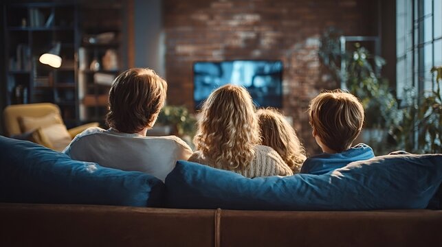 Family enjoying quality time bonding in a comfortable living room, relaxing on the sofa and watching a movie or show on the tv during calm evening leisure