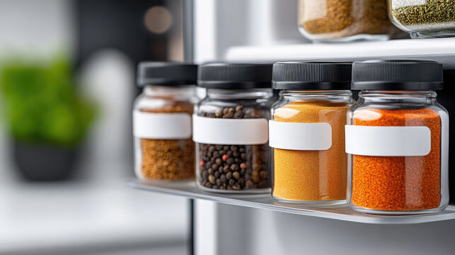 Magnetic spice jars storing colorful seasonings on a kitchen fridge, offering practical organization and easy access to essential cooking ingredients