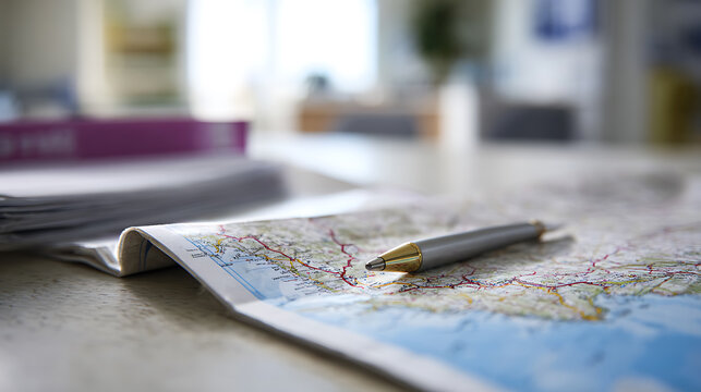 A close-up view of a pen resting on a detailed road map, with subtle background blur, perfect for travel planning, adventure, or discovery concepts