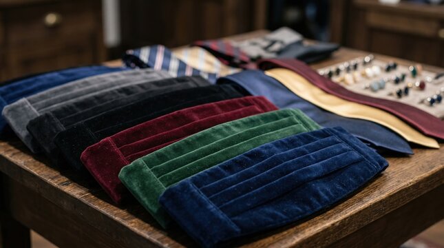 Midframe shot of an array of velvet cummerbunds stacked together with satin ties and cufflinks softly out of focus emphasizing texture variety in formal wear.
