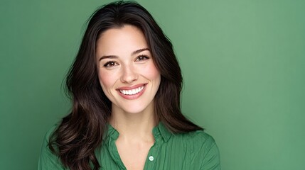 Fototapeta premium Young brunette woman with freckles smiling warmly at the camera, conveying joy, confidence and natural beauty against a bright green studio backdrop, relaxed and inviting