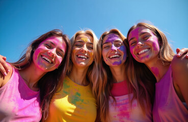 Fototapeta premium Four young women friends laugh together with colorful powder on faces. They celebrate an Indian festival outdoors under a blue sky. Joyful faces show friendship and vibrant fun.