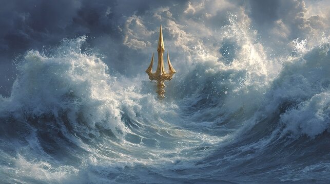 Golden trident rises vertically from turbulent ocean waters, surrounded by crashing waves and sea spray under a dramatic, cloudy sky, symbolizing power and ancient mythology