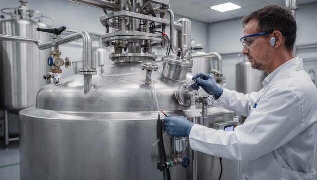 Technicians adjusting a stainless steel bulk dye reactor with powder feed lines and agitation system emphasizing precise calibration for consistent dye production.