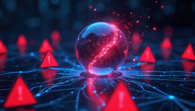 Digital sphere cracks with red alerts all around. Cyber attack and network failure warning icons surround glowing broken orb on dark digital grid. Data breach threat and system error.