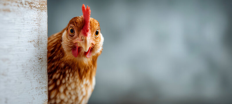 Close view of a chicken standing beside a wooden post in a farm setting during daytime light