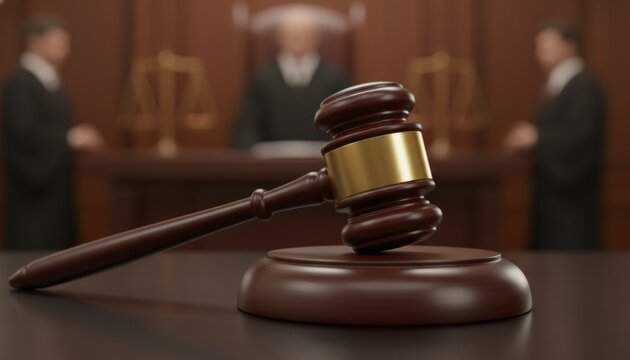 Wooden judge gavel and block in blurred courtroom setting