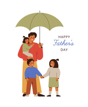 Fathers day card with greeting text. happy young man protect his children by green umbrella. Family support and childcare concept. vector illustration