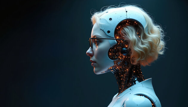 Female cyborg head profile with exposed internal circuits glowing warm orange lights. Blonde hair and glasses suggest human-like intelligence, blending organic and machine. Futuristic android.