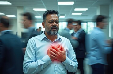 Obraz premium Indian man in busy office clutches chest in pain. Colleagues blurred around him. Visual depicts extreme stress or heart condition. Long exposure effect adds urgency.
