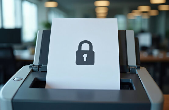 Printer outputs paper with lock symbol, indicating secure data or document protection. Office background suggests business security context. Confidential information safe. System safeguards documents.