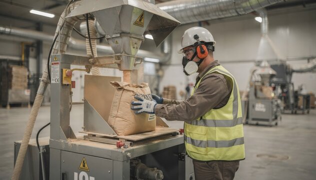 Medium shot of an industrial worker operating a valve bag filling machine at a lowdust pigment packaging station with dust extraction system in place.