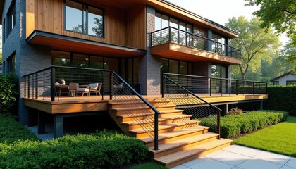Obraz premium Modern house exterior with wooden deck, stairs. Contemporary architecture features stone, wood facade. Outdoor seating area on elevated terrace with black metal railings. Green lawn, manicured shrubs