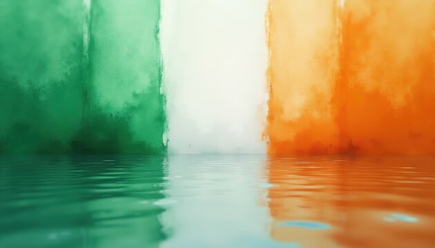 Irish flag in watercolor texture, reflected on rippling water surface. Green white orange colors symbolize national identity, unity. Abstract patriotism, republicanism, heritage.