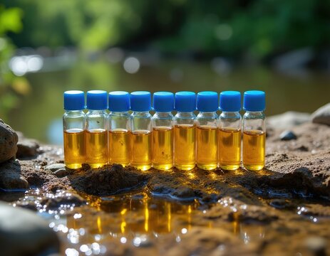 Glass vials hold yellow liquid samples collected by river. Scientists research water quality and habitat health. Outdoor samples analyzed for environmental science study. Ecology research in progress.