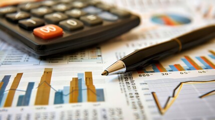 Fototapeta premium Close up on a pen resting on financial charts and a calculator in the background signifying financial analysis and business planning