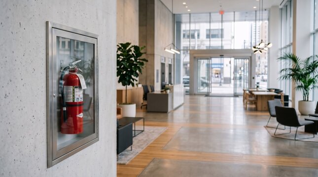 Red fire extinguisher in glass cabinet mounted on concrete wall inside modern office building lobby. Safety equipment for building fire protection, emergency preparation and compliance.