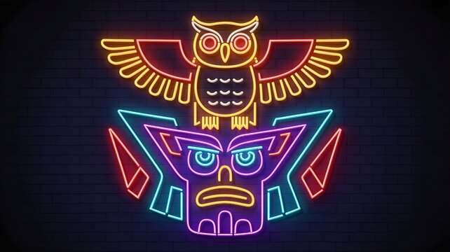 Creative neon totem pole art glowing owl mask high resolution Picture