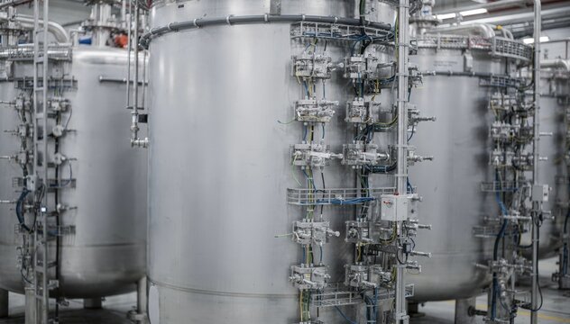 Detailed medium angle showcasing labeled temperature profiling sensors on reactor jackets focusing on organized industrial monitoring systems.