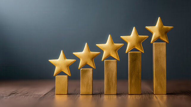Growth of golden stars on wooden blocks showing rising levels of achievement in ranking or performance over time