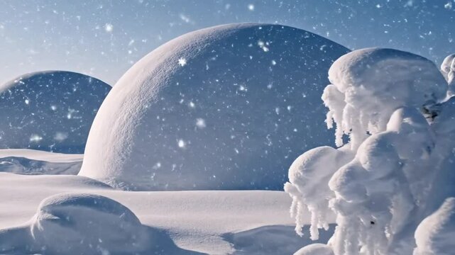 Snowy landscape with igloos in winter.