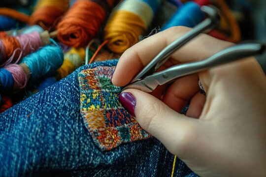 Fashion enthusiast repairing denim jacket with sewn patch