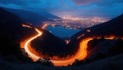 Naklejka premium Twisted mountain road glows with car light streaks. Valley cityscape and lake shimmer with many lights below. Evening journey over hills to urban destination.