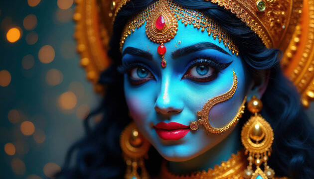 Blue faced Hindu goddess Durga with gold ornaments. Woman has blue eyes, red lips, intricate jewelry. Festive lights background. Powerful divinity.