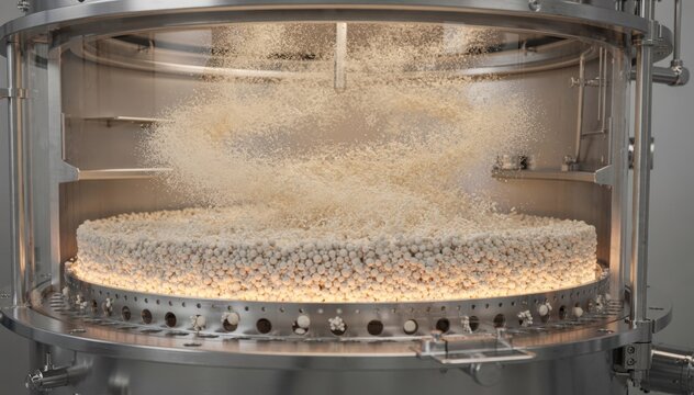 Fluid bed granulation in medium shot capturing powder fluidization and granule formation with precise airflow control for uniform particle size.