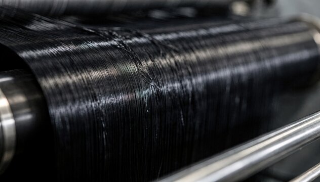 Closeup medium shot capturing pitchbased precursor fibers in the spinning stage highlighting the glossy texture and precise alignment in preparation for carbon fiber production.