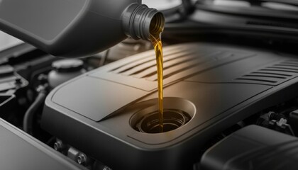 Fototapeta premium Pouring Fresh Golden Engine Oil into a Modern Car Motor