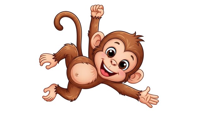 Cute cartoon baby monkey hanging, smiling, isolated on white background
