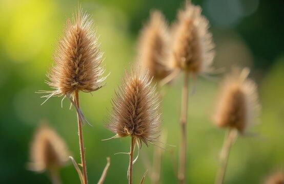 Dried teasels stand in field against soft green bokeh background. Prickly seed heads have textured appearance. Sunlit plants show their natural dry seed pods. It is late summer or autumn season.