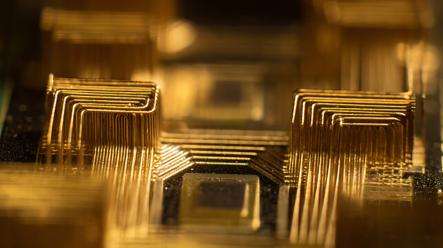 Close-up of golden microelectronic circuits and connections on a circuit board, showcasing technology, precision, and intricate design in macro detail