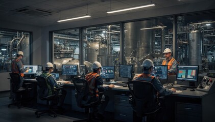 Obraz premium Lowlight ambiance highlights operators analyzing digital control panels in a polymer plant maintaining steady rubber production through advanced reactor monitoring.